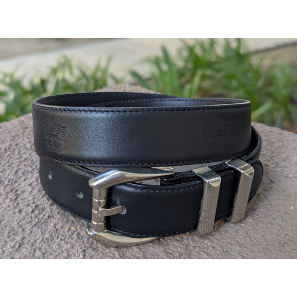 GIANNI VERSACE 90\'s Silver Buckle MEDUSA Belt Black Leather Size 27 28 29 30 31\